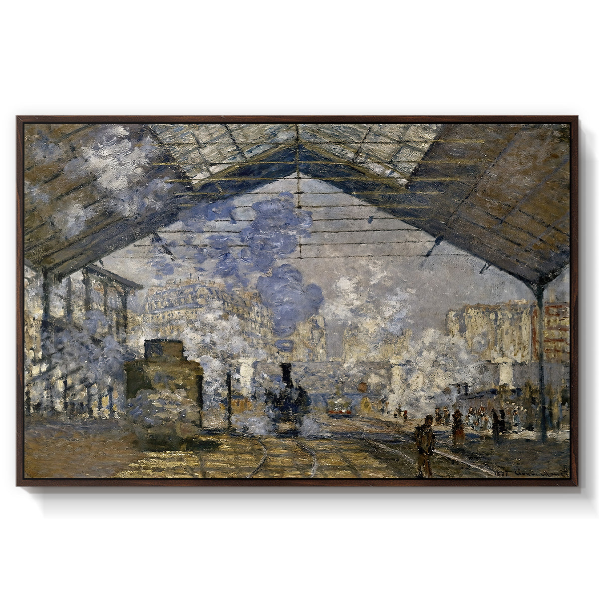 The Gare Saint-Lazare, 1877 by Claude Monet in a walnut floater framed canvas wall art display.