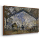 Angled view of The Gare Saint-Lazare, 1877 by Claude Monet in a walnut floater framed canvas.