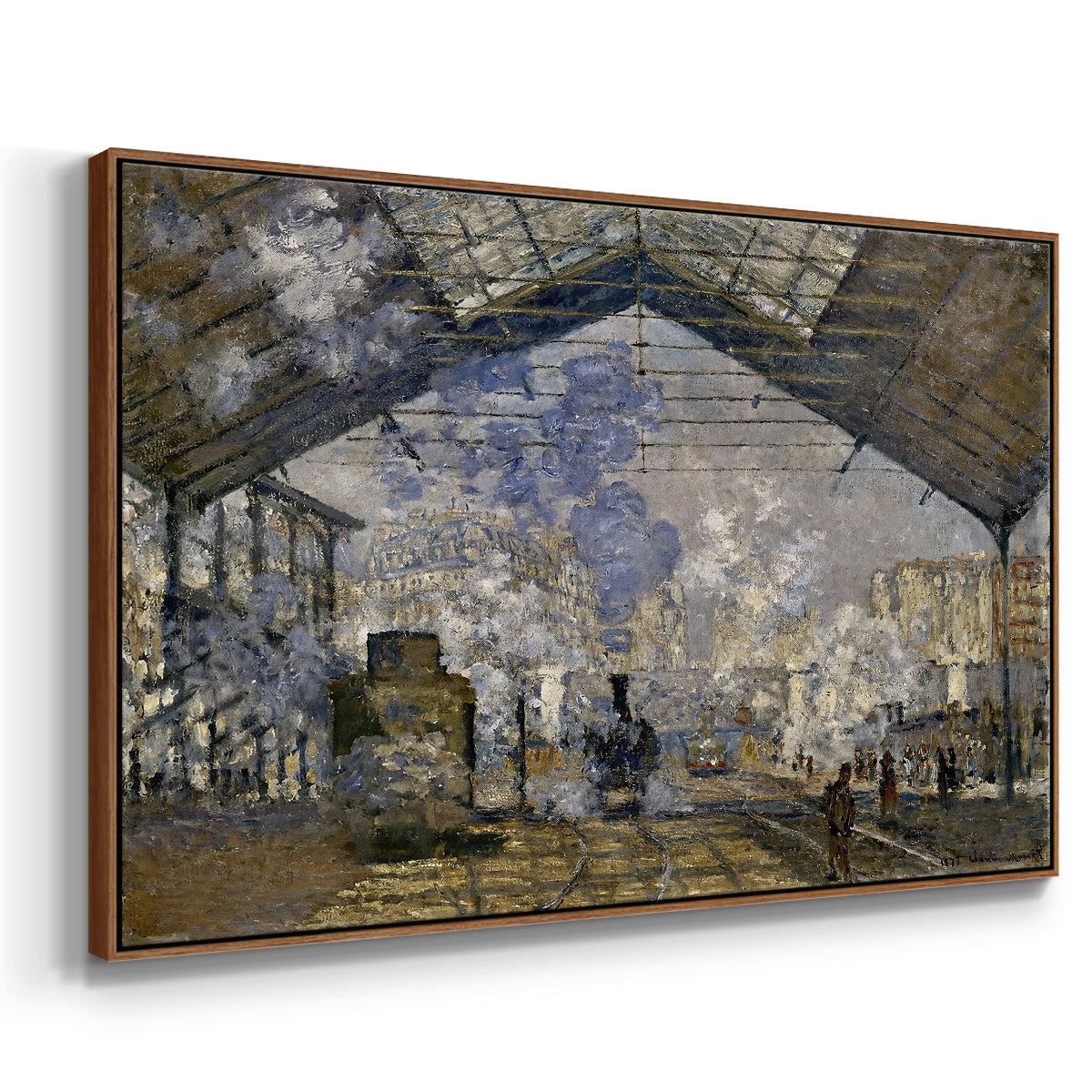 Angled view of The Gare Saint-Lazare, 1877 by Claude Monet in a walnut floater framed canvas.