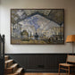 Walnut floater framed canvas featuring a bustling transport hub with trains beneath glass roof, displayed in a hallway near a staircase.