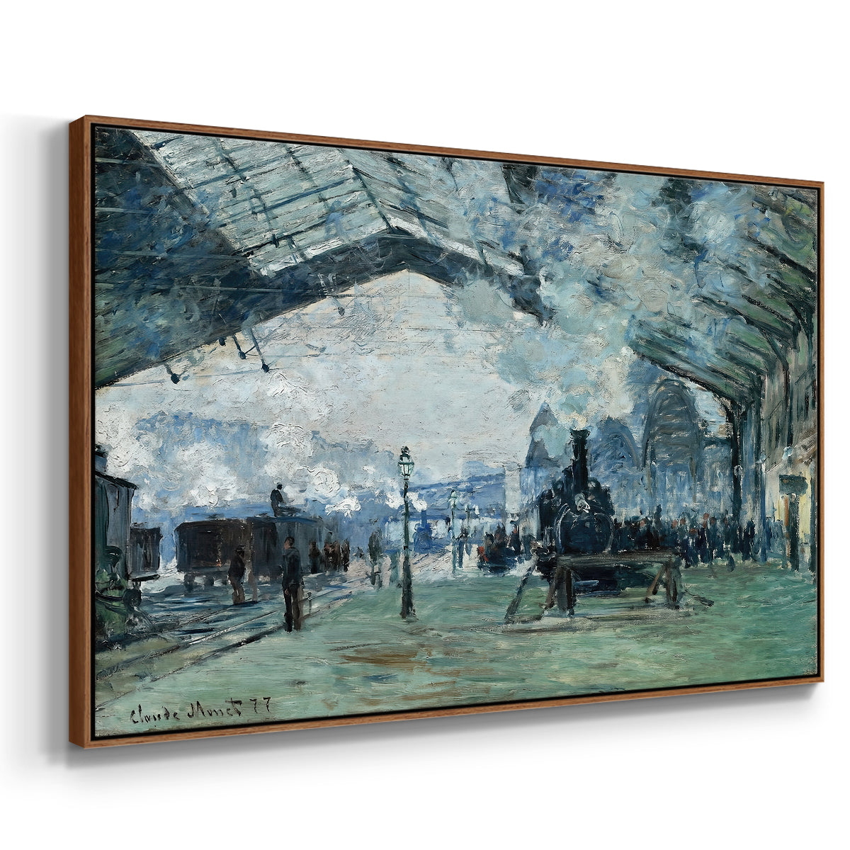 Angled view of The Saint-Lazare Station, 1877 by Claude Monet in a walnut floater framed canvas.