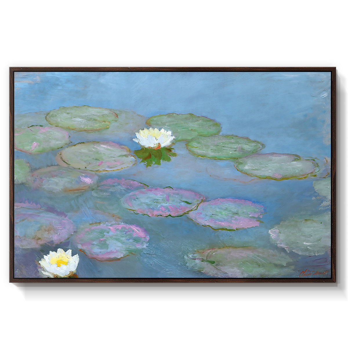 Water Lilies (Nymphéas), 1897-1899 by Claude Monet in a walnut floater framed canvas wall art display.