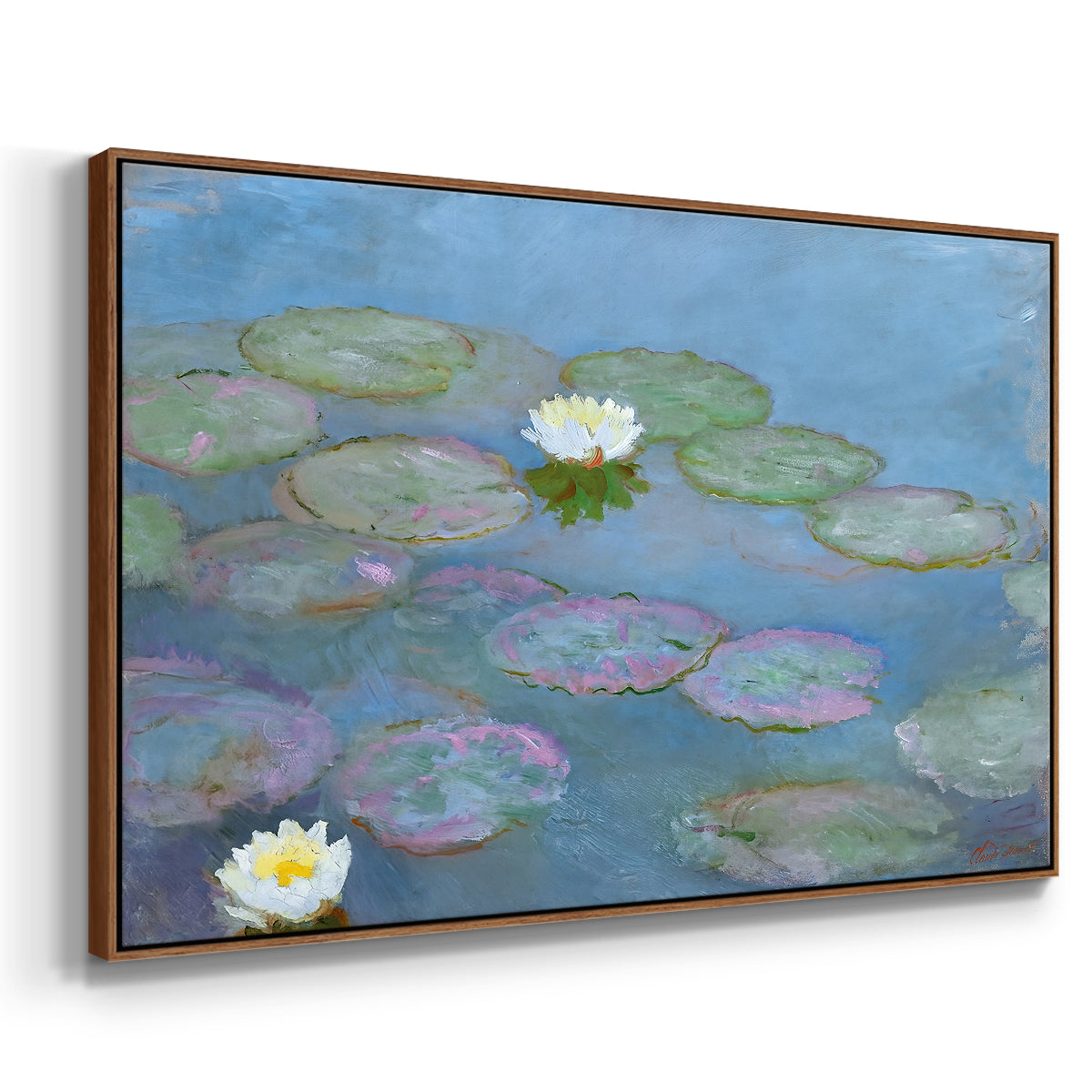Angled view of Water Lilies (Nymphéas), 1897-1899 by Claude Monet in a walnut floater framed canvas.