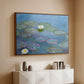 Walnut floater framed canvas of Water Lilies (Nymphéas), 1897-1899 by Claude Monet, featuring an impressionist pond scene with lily pads and soft reflections above a console cabinet in a minimalist entryway.