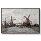 Windmills near Zaandam, 1871 by Claude Monet in a walnut floater framed canvas wall art display.