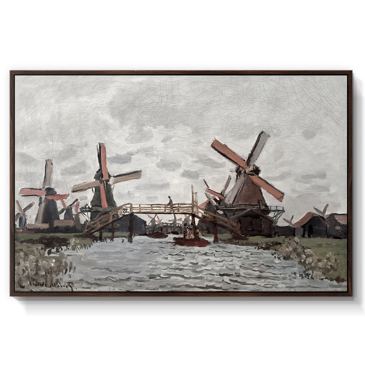 Windmills near Zaandam, 1871 by Claude Monet in a walnut floater framed canvas wall art display.