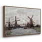 Angled view of Windmills near Zaandam, 1871 by Claude Monet in a walnut floater framed canvas.