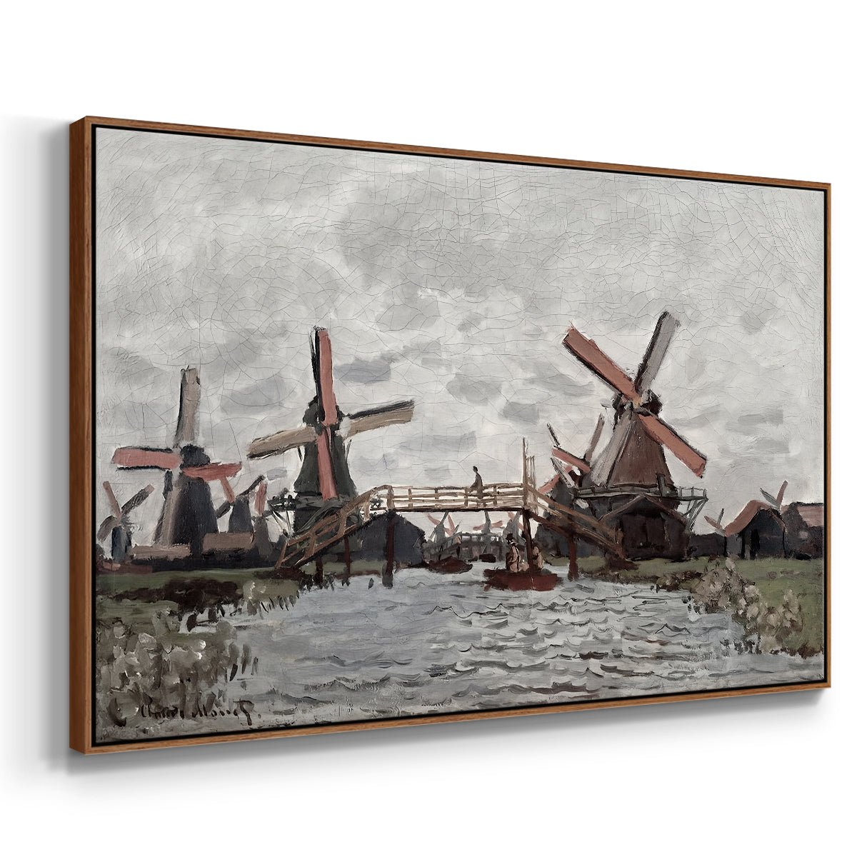 Angled view of Windmills near Zaandam, 1871 by Claude Monet in a walnut floater framed canvas.