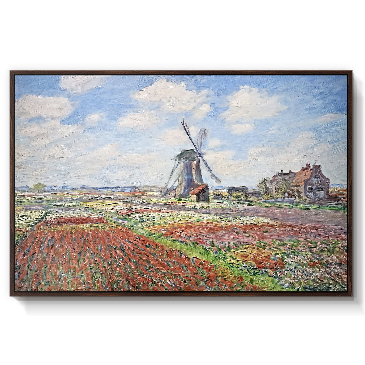 Tulip Fields with the Rijnsburg Windmill, 1886 by Claude Monet in a walnut floater framed canvas wall art display.