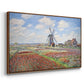 Angled view of Tulip Fields with the Rijnsburg Windmill, 1886 by Claude Monet in a walnut floater framed canvas.