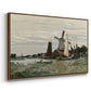 Angled view of Windmill at Zaandam, 1871 by Claude Monet in a walnut floater framed canvas.