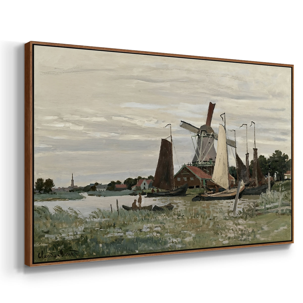 Angled view of Windmill at Zaandam, 1871 by Claude Monet in a walnut floater framed canvas.