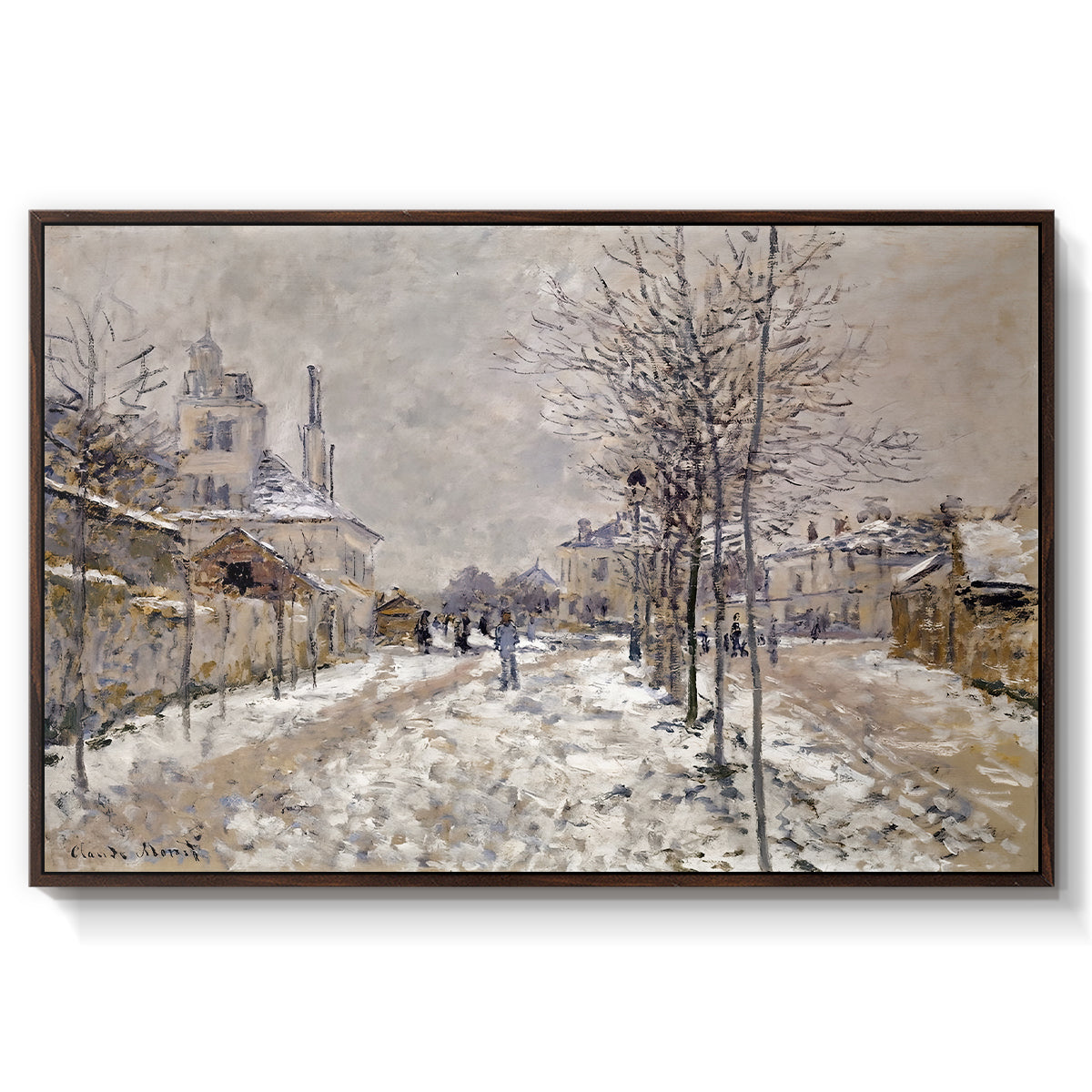 The Boulevard de Pontoise at Argenteuil, Snow Effect, 1875 by Claude Monet in a walnut floater framed canvas wall art display.