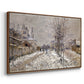 Angled view of The Boulevard de Pontoise at Argenteuil, Snow Effect, 1875 by Claude Monet in a walnut floater framed canvas.