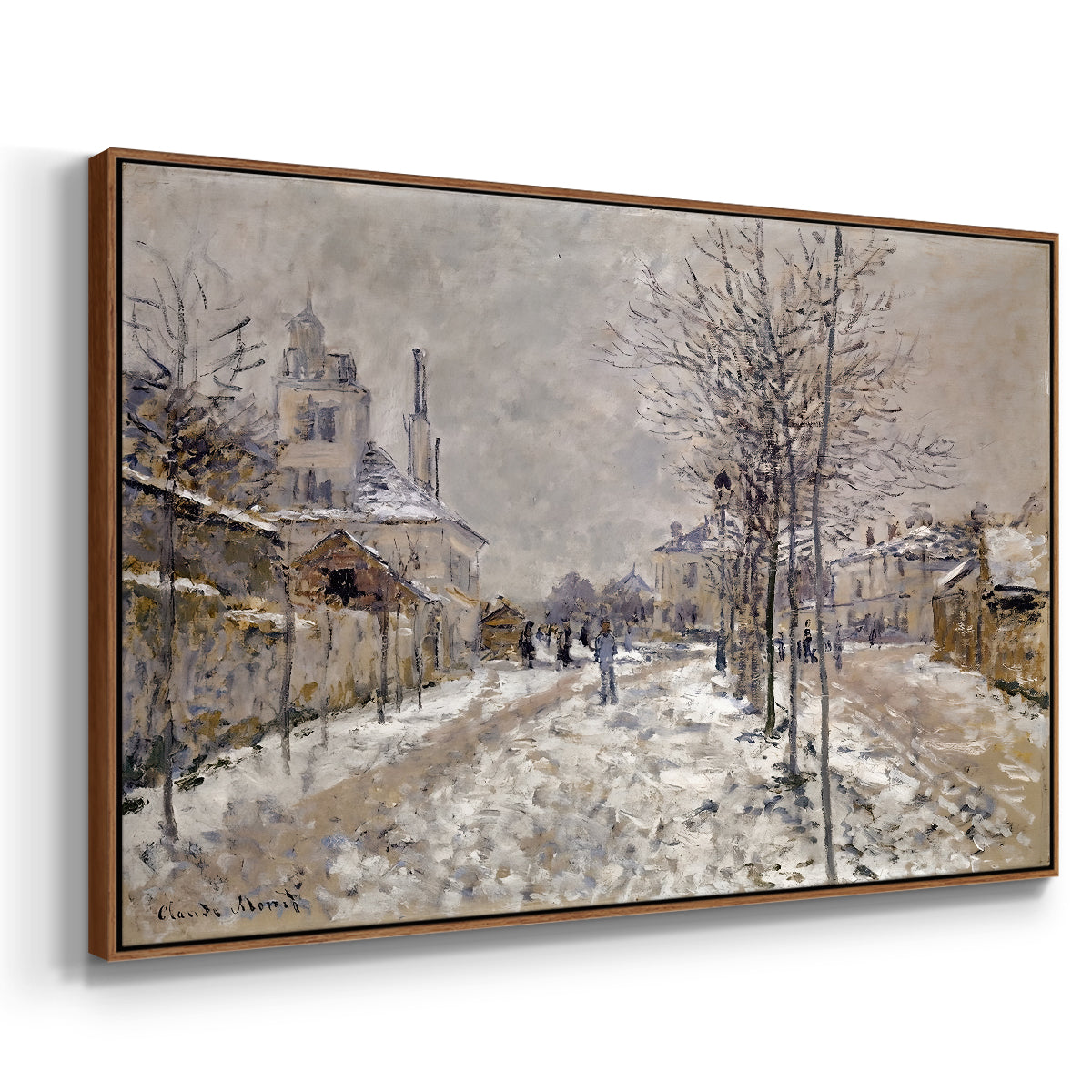Angled view of The Boulevard de Pontoise at Argenteuil, Snow Effect, 1875 by Claude Monet in a walnut floater framed canvas.