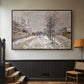 Walnut floater framed canvas featuring an urban winter landscape with muted tones and soft light, displayed in a hallway near a staircase.