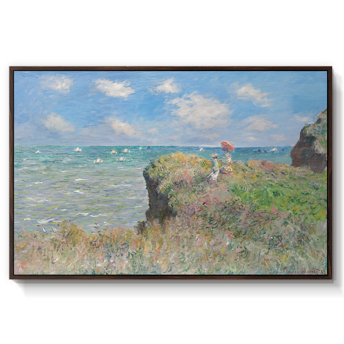 The Cliff Walk at Pourville, 1882 by Claude Monet in a walnut floater framed canvas wall art display.