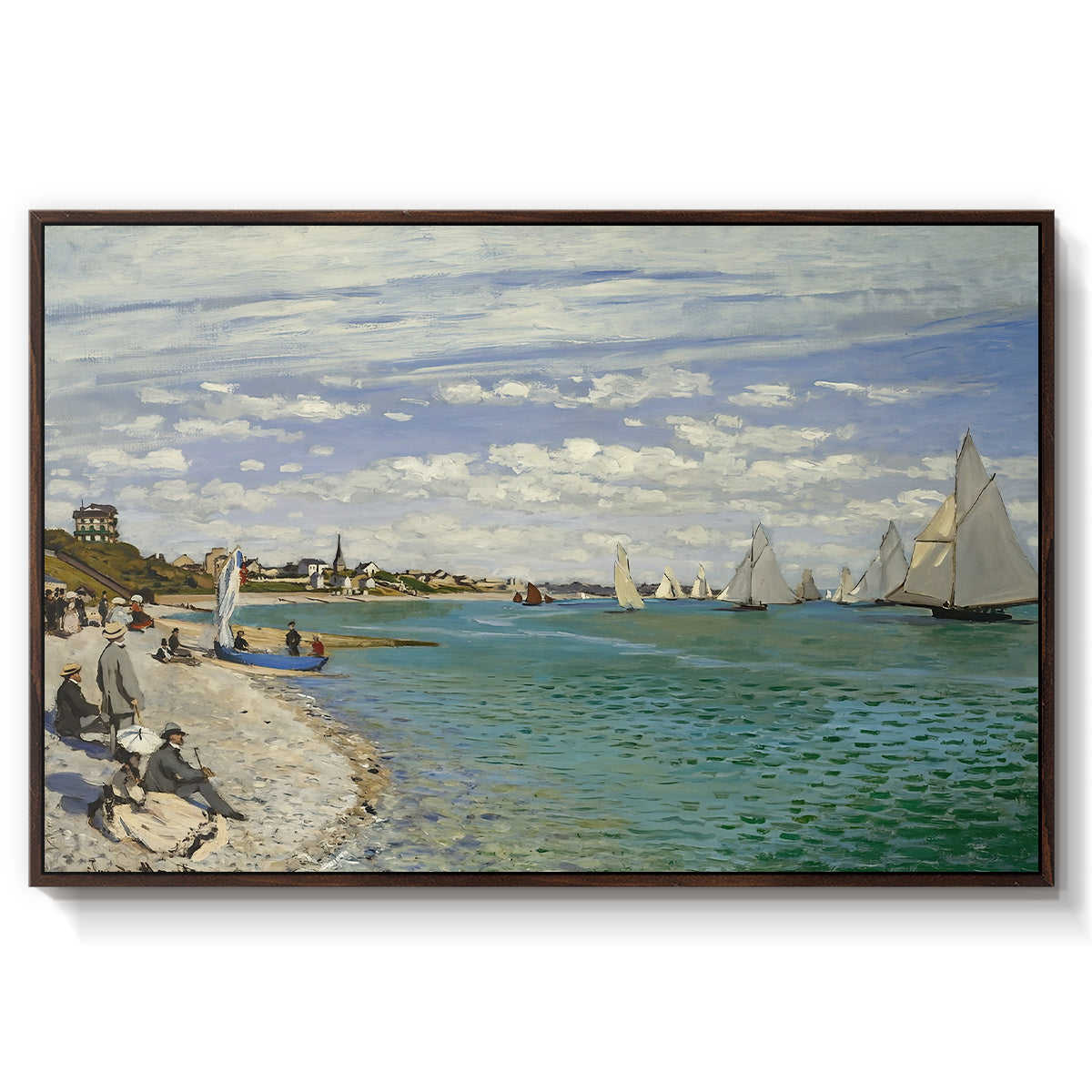 Regatta at Sainte-Adresse, 1867 by Claude Monet in a walnut floater framed canvas wall art display.