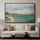 Regatta at Sainte-Adresse, 1867 by Claude Monet displayed in a walnut floater framed canvas above a sofa in a clean living room.
