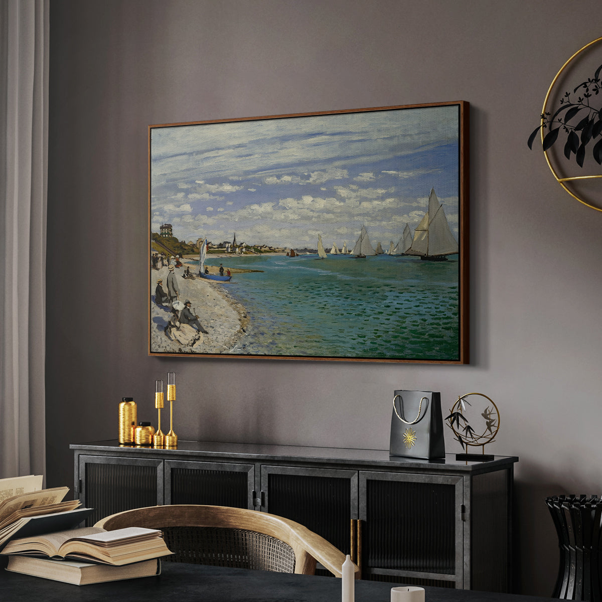 Regatta at Sainte-Adresse, 1867 by Claude Monet in a walnut floater framed canvas featuring an impressionist coastal view with colorful sails and shoreline activity, displayed above a desk in a dark home office interior.