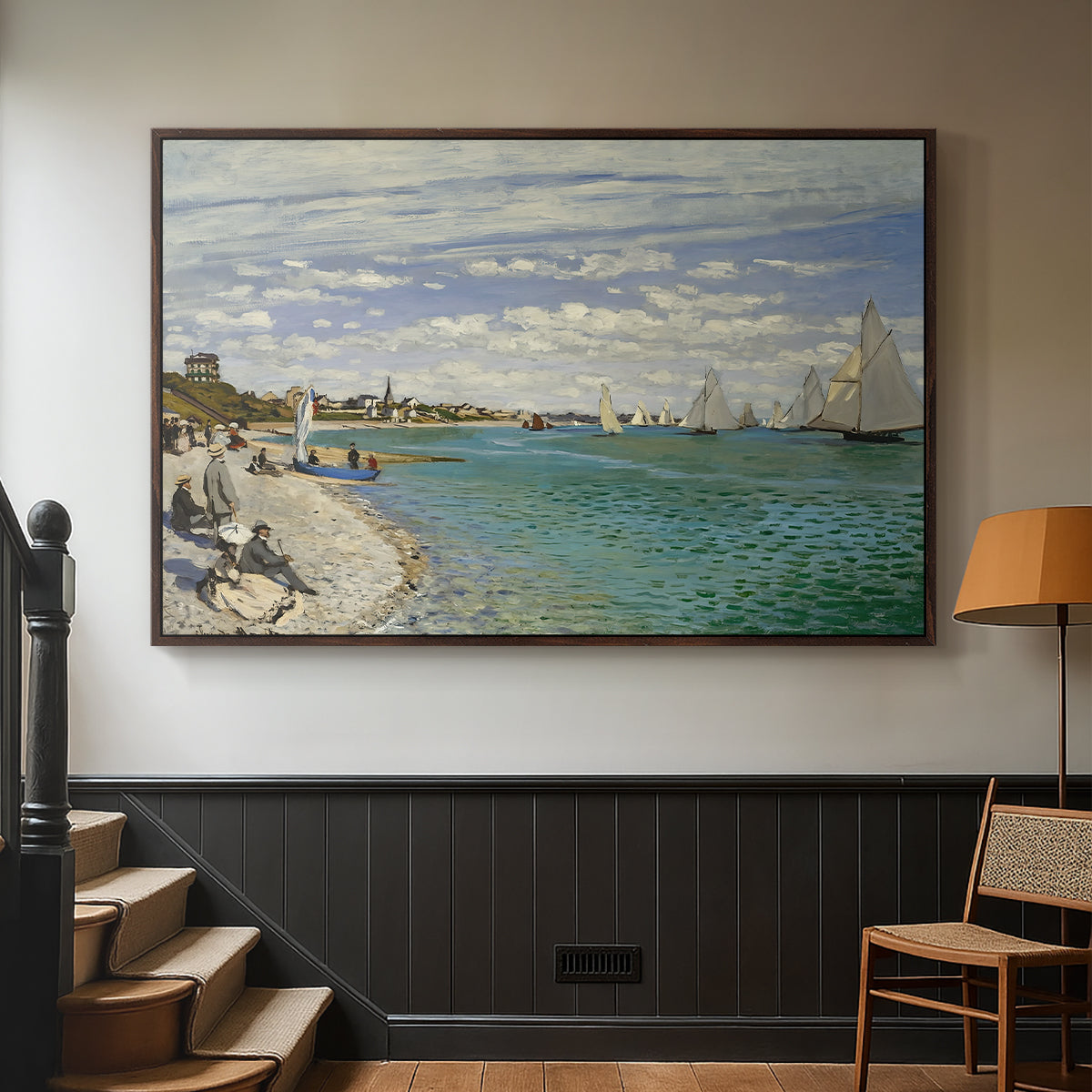 Walnut floater framed canvas featuring a nautical scene with boats racing near seaside town, displayed in a hallway near a staircase.