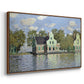 Angled view of Houses on the Zaan River at Zaandam, 1871 by Claude Monet in a walnut floater framed canvas.