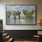 Walnut floater framed canvas featuring a waterfront architecture with still reflections, displayed in a hallway near a staircase.