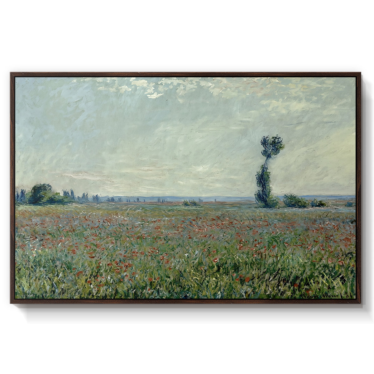 Poppy Field, 1881 by Claude Monet in a walnut floater framed canvas wall art display.
