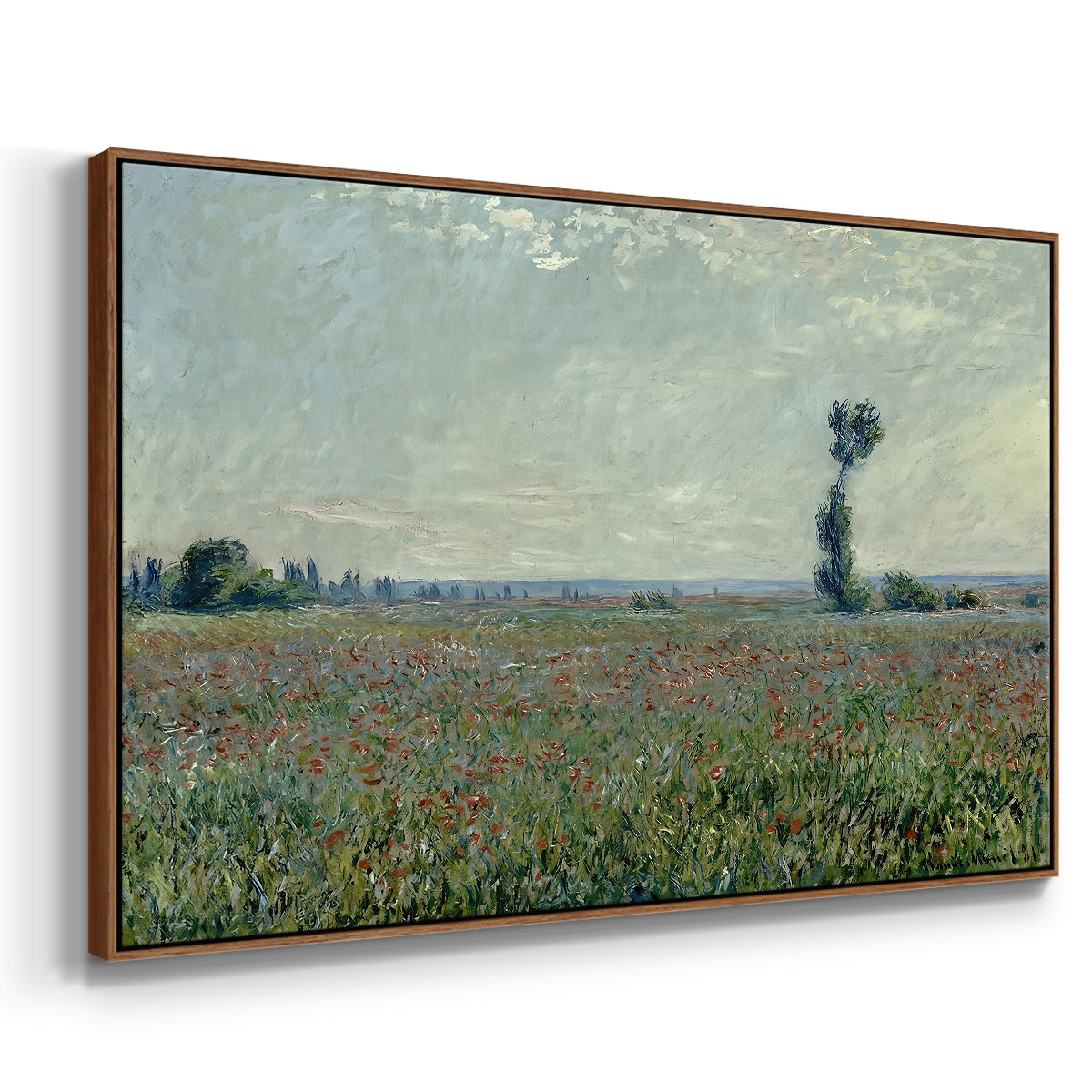 Angled view of Poppy Field, 1881 by Claude Monet in a walnut floater framed canvas.
