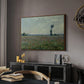 Poppy Field, 1881 by Claude Monet in a walnut floater framed canvas featuring a rural meadow with scattered poppies and soft horizon, displayed above a desk in a dark home office interior.