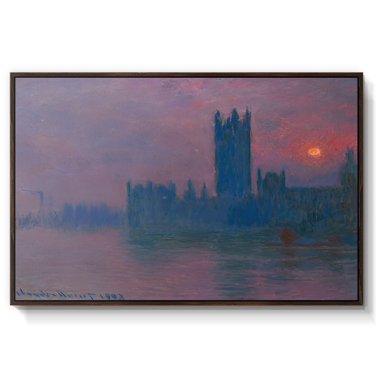 The Houses of Parliament, Sunset, 1903 by Claude Monet in a walnut floater framed canvas wall art display.