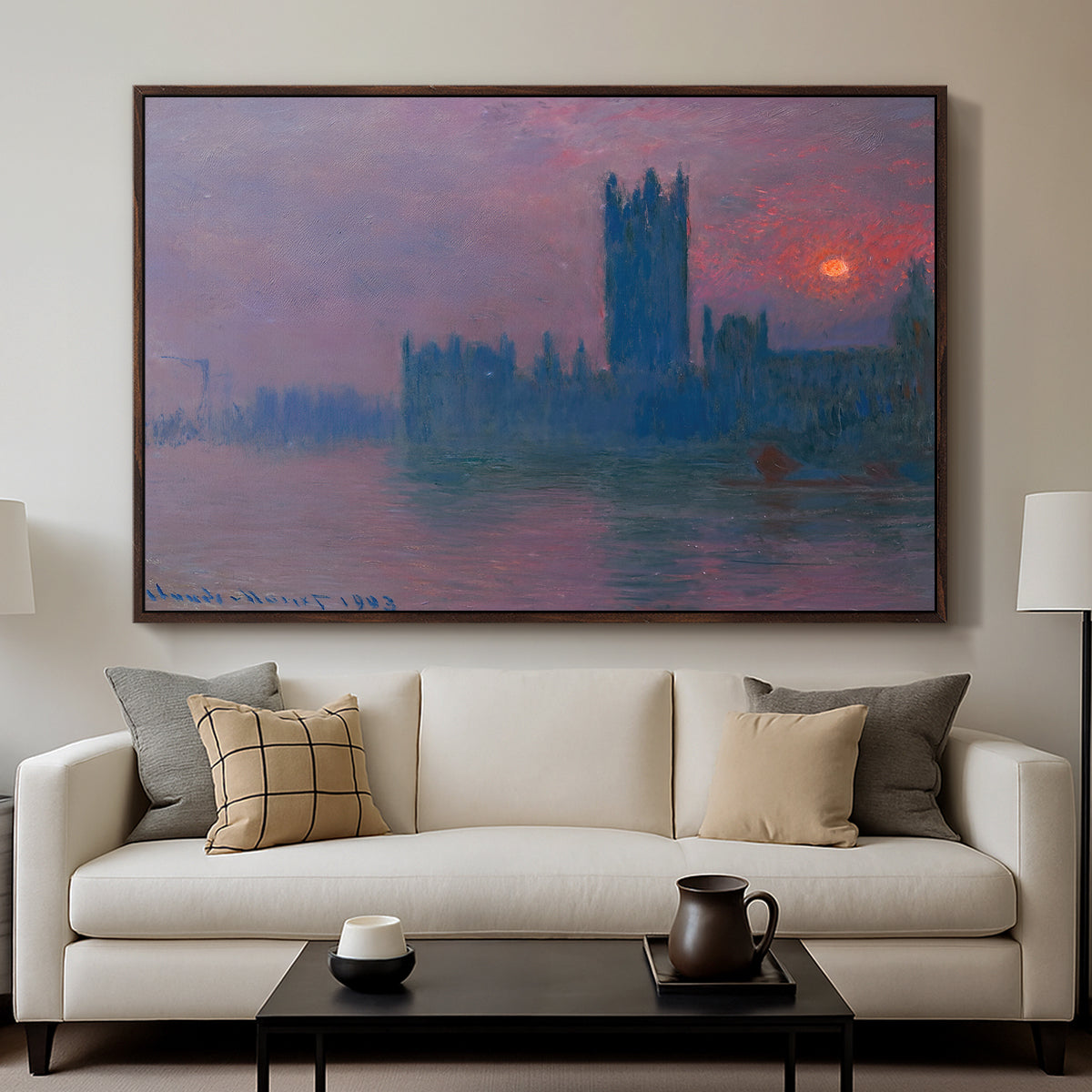 The Houses of Parliament, Sunset, 1903 by Claude Monet displayed in a walnut floater framed canvas above a sofa in a clean living room.