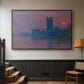 Walnut floater framed canvas featuring a dramatic skyline with reflections under colorful sky, displayed in a hallway near a staircase.