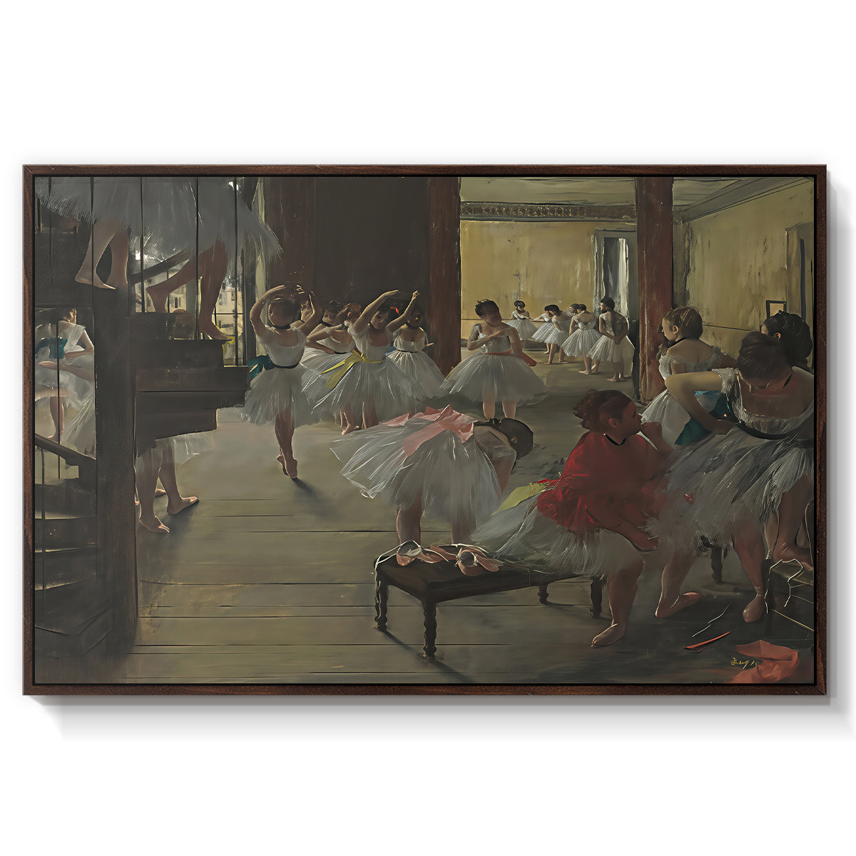 The Dance Class, c. 1873 by Edgar Degas in a walnut floater framed canvas wall art display.