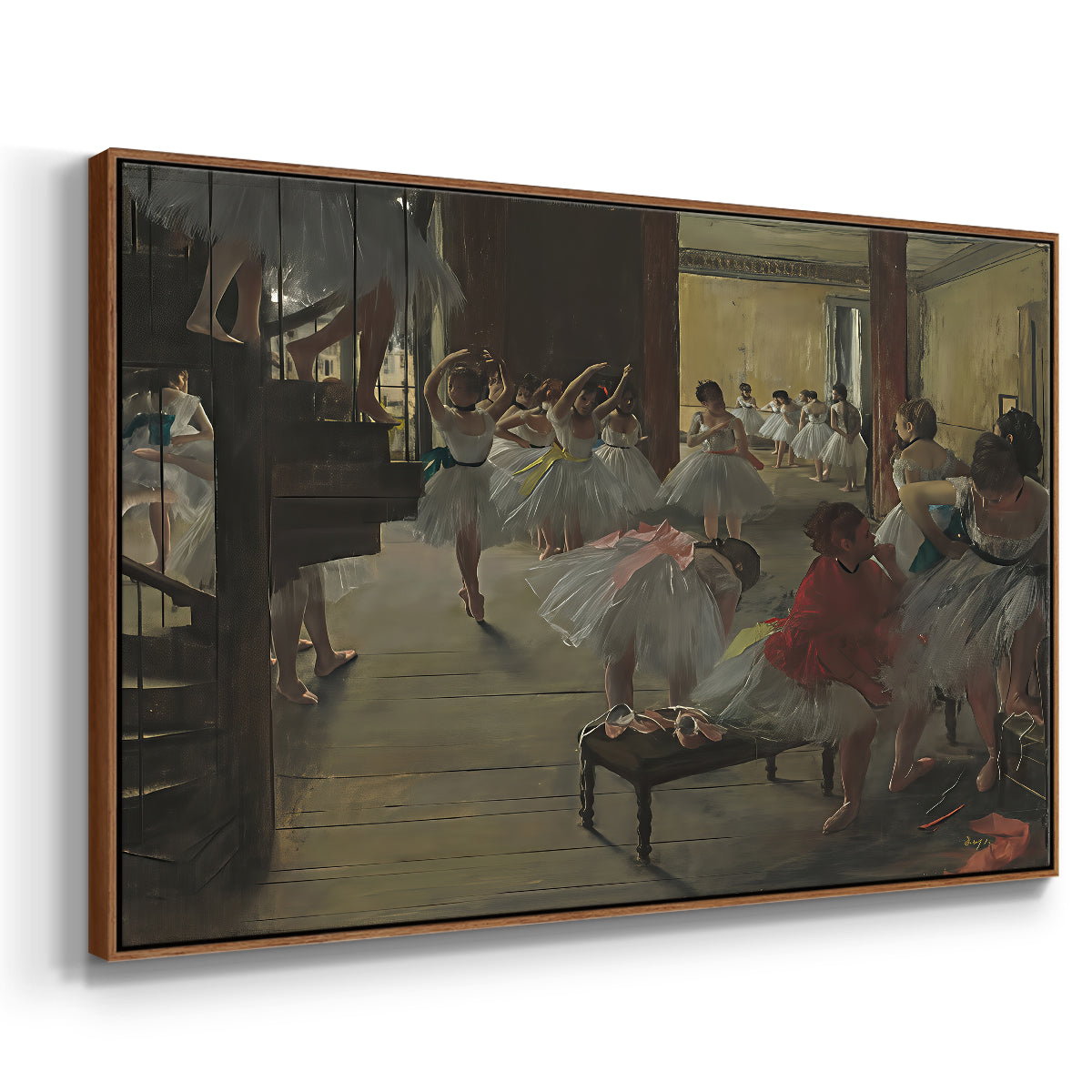 Angled view of The Dance Class, c. 1873 by Edgar Degas in a walnut floater framed canvas.