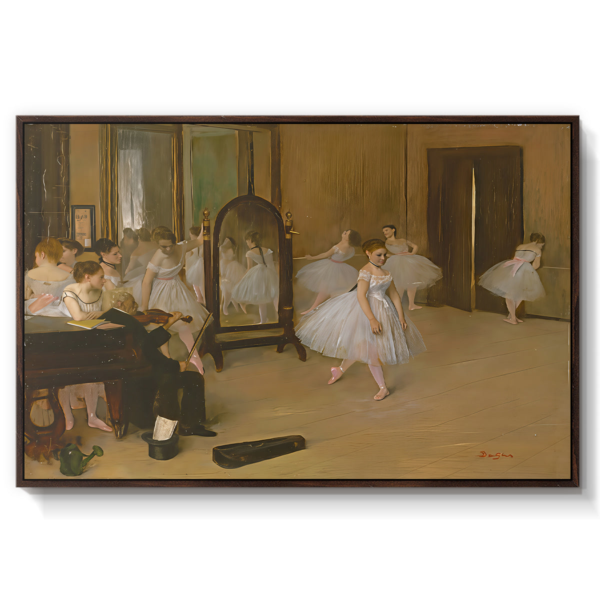 The Dancing Class, c. 1870 by Edgar Degas in a walnut floater framed canvas wall art display.