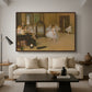 The Dancing Class, c. 1870 by Edgar Degas as a walnut floater framed canvas featuring a ballet class with dancers practicing positions under instructor guidance, displayed above a sofa in a modern living room.