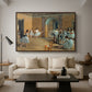 The Dance Foyer at the Opera on the Rue Le Peletier, 1872 by Edgar Degas as a walnut floater framed canvas featuring ballet dancers gathered in rehearsal hall with mirrors and columns, displayed above a sofa in a modern living room.