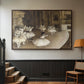 Walnut floater framed canvas featuring dancers arranged on stage with visible set and depth, displayed in a hallway near a staircase.