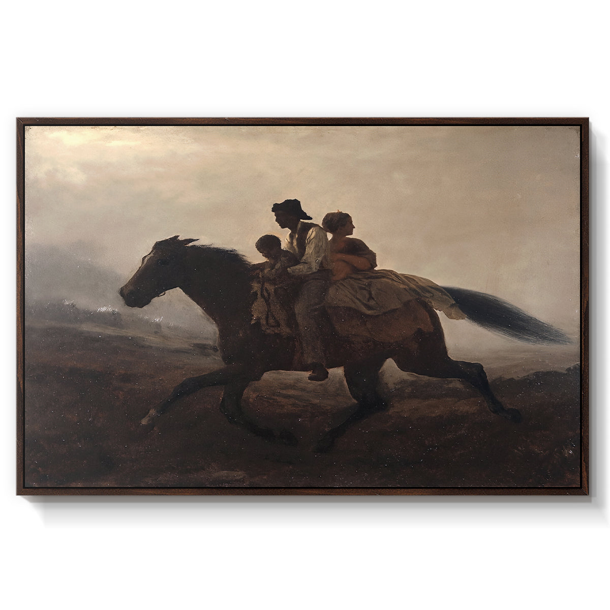 A Ride for Liberty – The Fugitive Slaves, c. 1862 by Eastman Johnson in a walnut floater framed canvas wall art display.