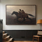 Walnut floater framed canvas featuring figures on horse moving swiftly through shadowy landscape, displayed in a hallway near a staircase.