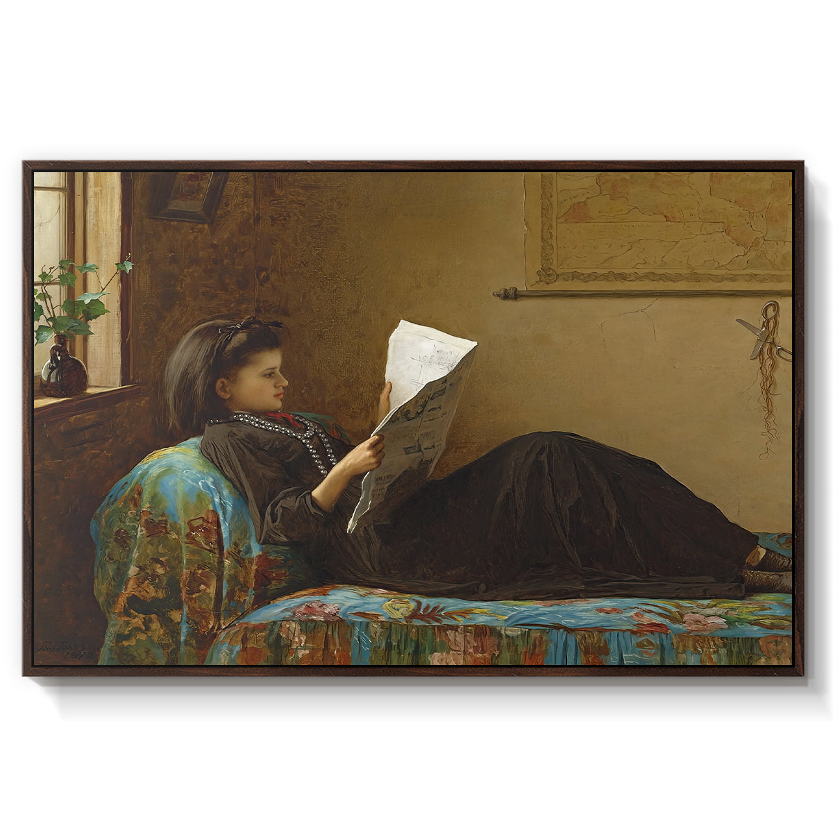 Interesting News, 1872 by Eastman Johnson in a walnut floater framed canvas wall art display.