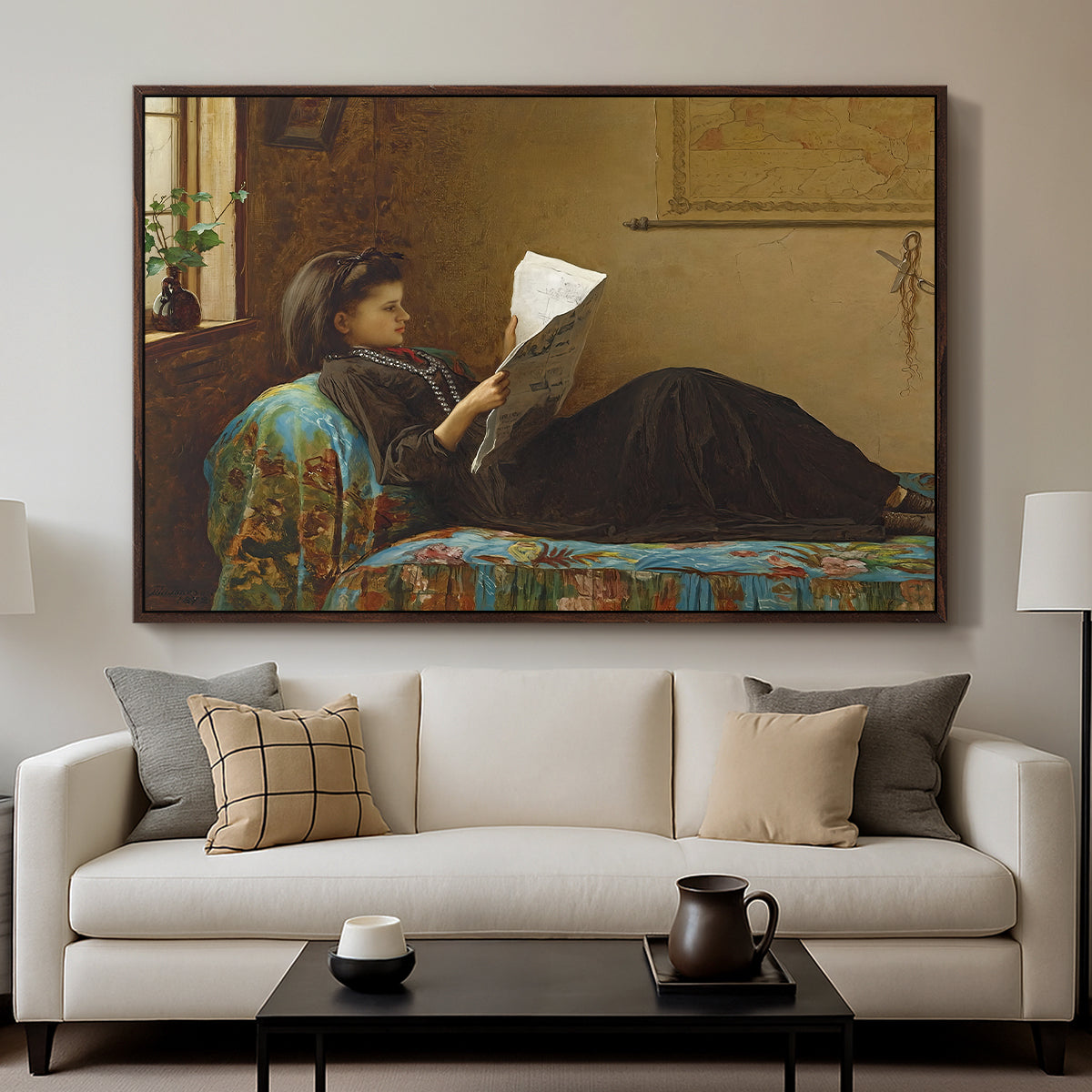 Interesting News, 1872 by Eastman Johnson displayed in a walnut floater framed canvas above a sofa in a clean living room.