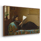 Angled view of Interesting News, 1872 by Eastman Johnson in a walnut floater framed canvas.