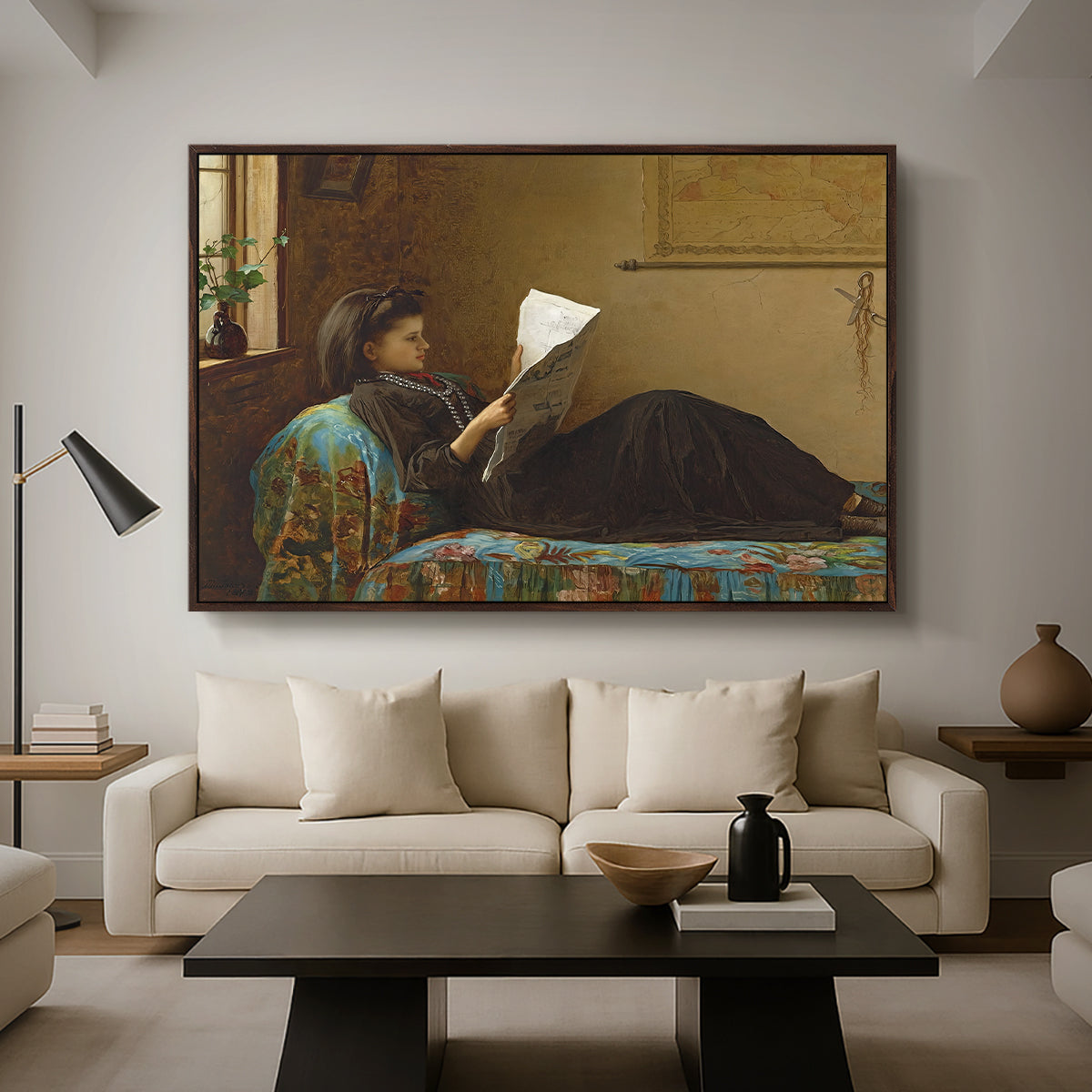 Interesting News, 1872 by Eastman Johnson as a walnut floater framed canvas featuring a group of people gathered indoors reading newspaper together, displayed above a sofa in a modern living room.