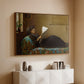 Walnut floater framed canvas of Interesting News, 1872 by Eastman Johnson, featuring a domestic scene with figures reacting to shared news above a console cabinet in a minimalist entryway.