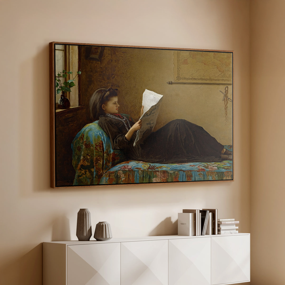 Walnut floater framed canvas of Interesting News, 1872 by Eastman Johnson, featuring a domestic scene with figures reacting to shared news above a console cabinet in a minimalist entryway.