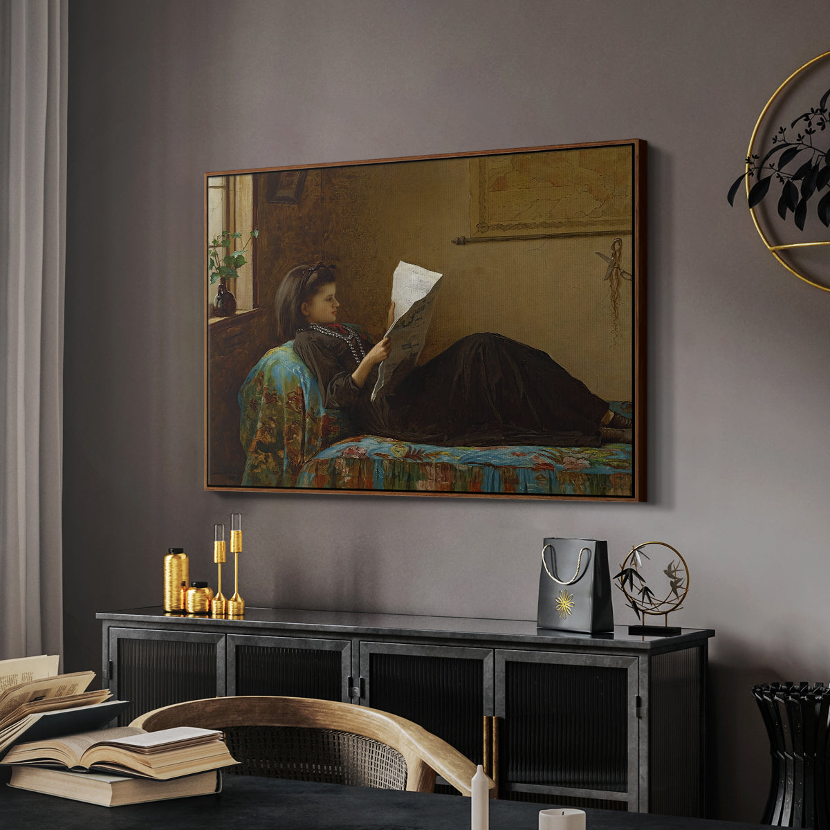 Interesting News, 1872 by Eastman Johnson in a walnut floater framed canvas featuring an Americana interior with people focused on printed page, displayed above a desk in a dark home office interior.