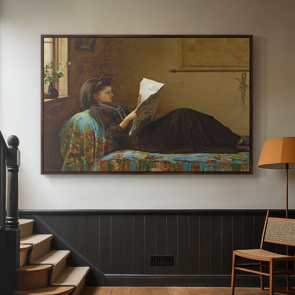 Walnut floater framed canvas featuring a casual gathering around newspaper in rustic room, displayed in a hallway near a staircase.