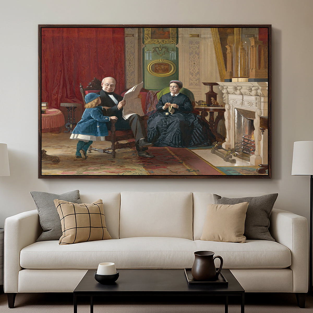 The Brown Family, 1869 by Eastman Johnson displayed in a walnut floater framed canvas above a sofa in a clean living room.